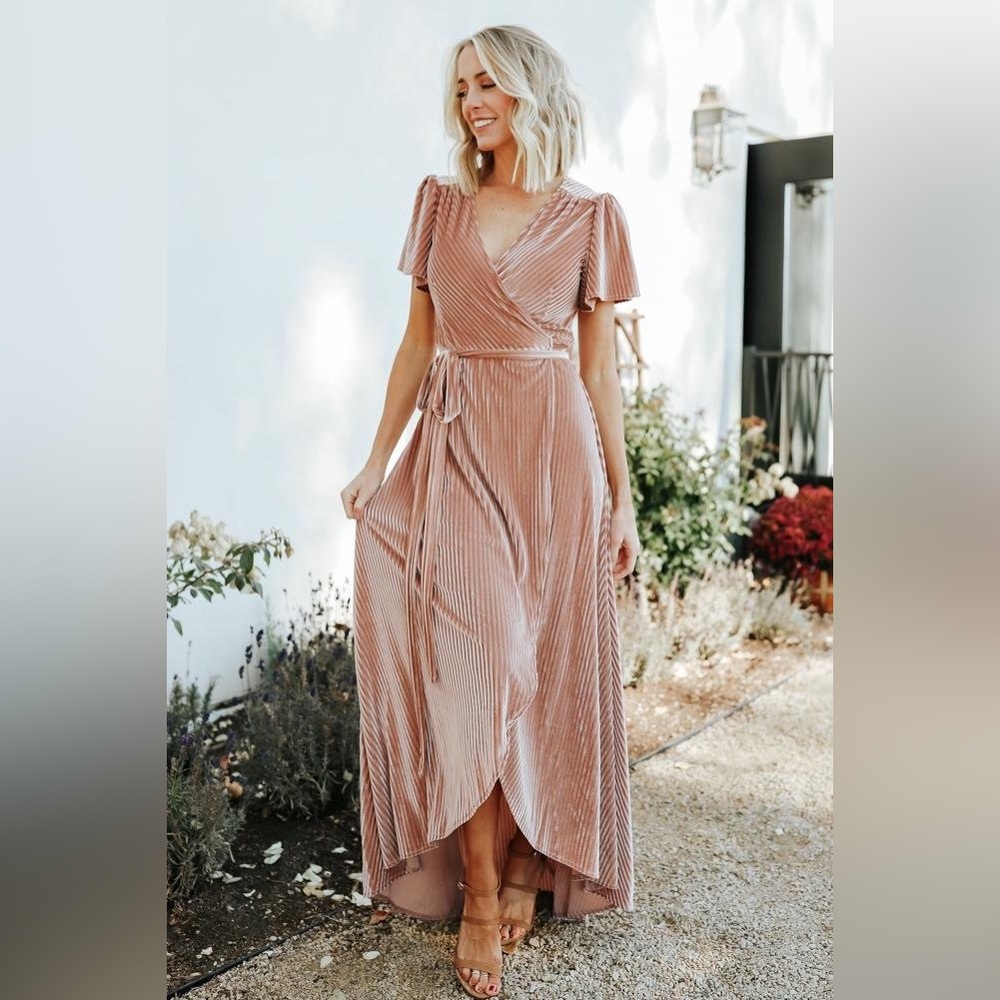BALTIC BORN Small Champagne Rose Gold Andi Ribbed Velvet Wrap Maxi Dress